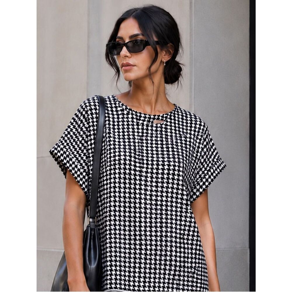 Anthropologie Black and White Houndstooth Short Sleeve Tee
